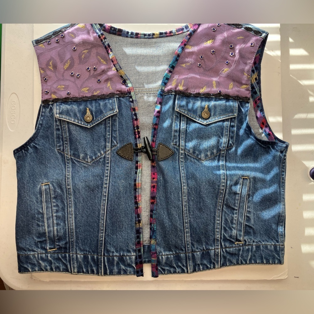 Women’s Hand Sewn Upcycled Denim Vest, Large, Multicolored, Sustainable Fashion - Picture 3 of 9